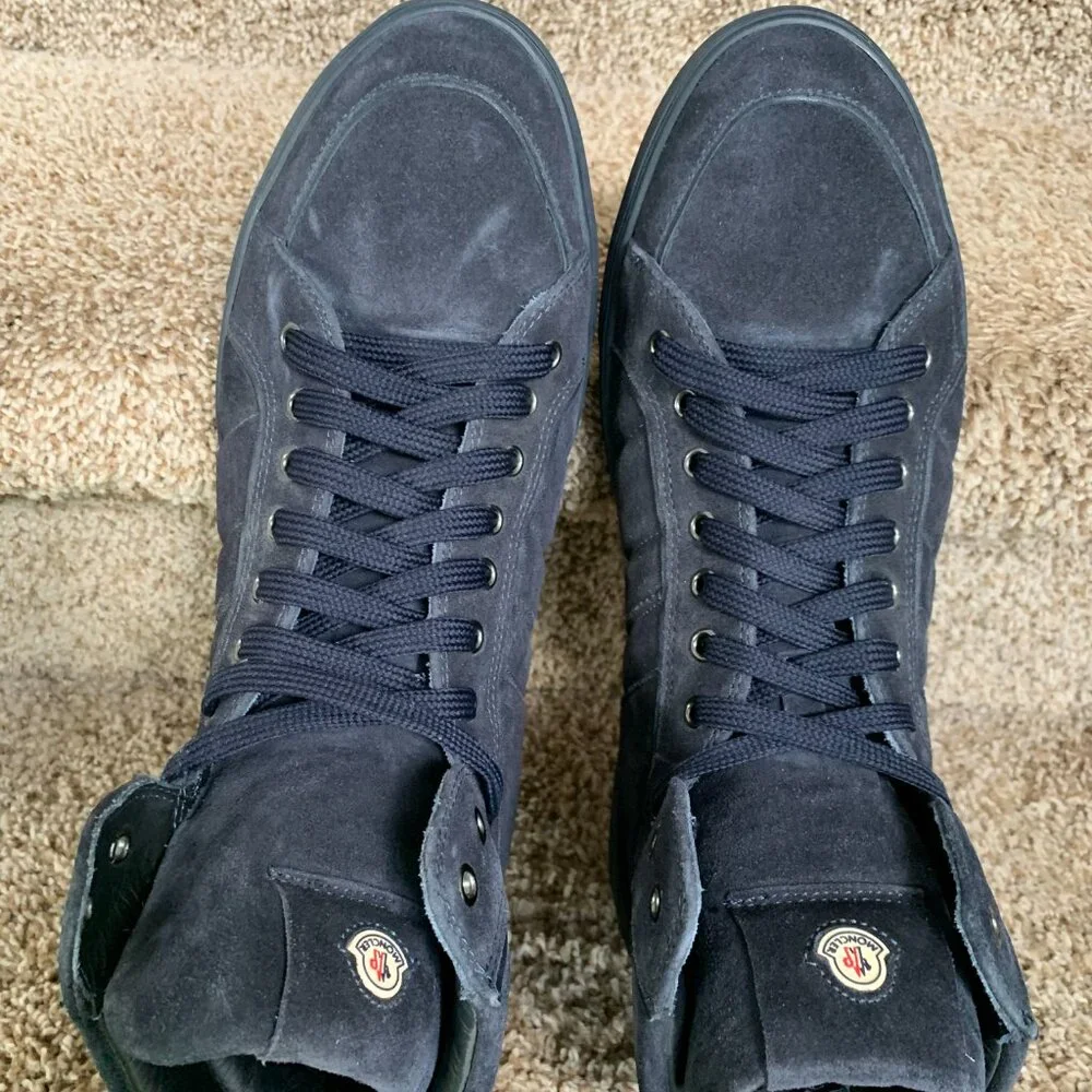 Moncler Men's Suede Blue Round-Toes Lace-Up High Top Sneakers . - Picture 9 of 15